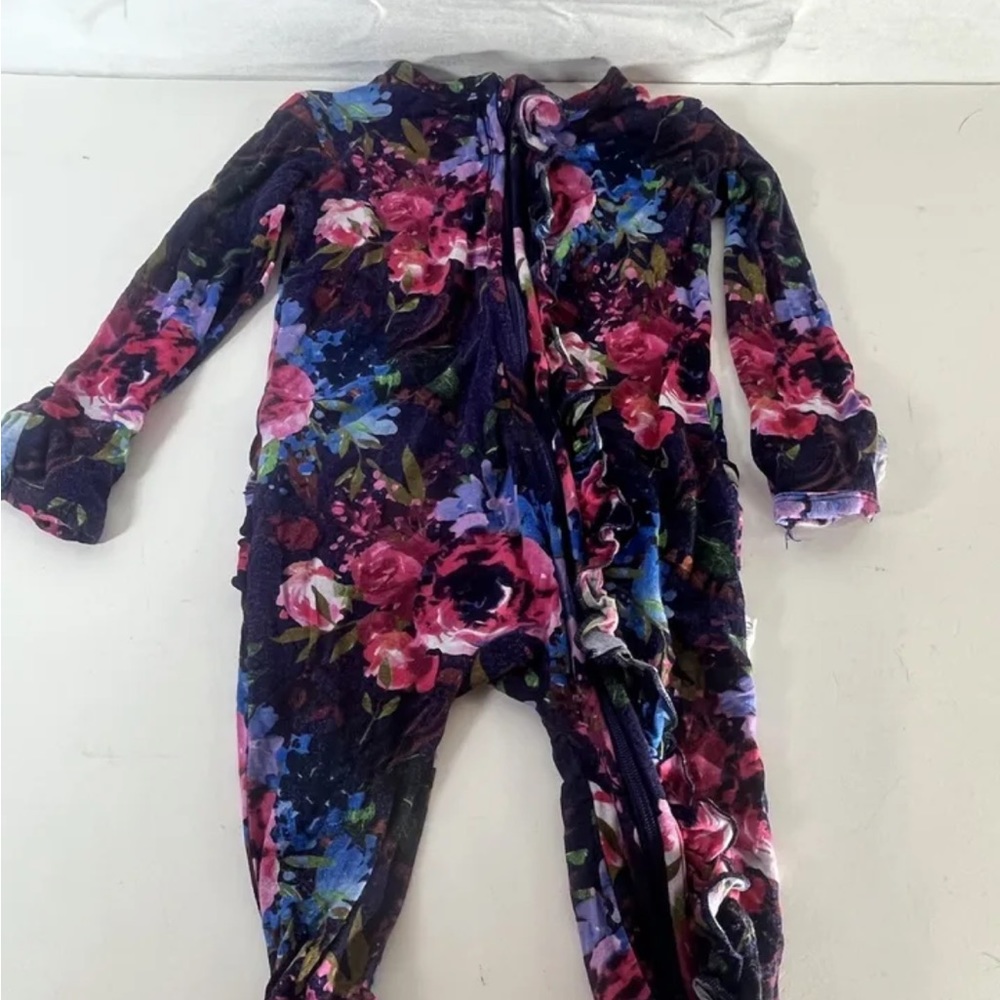 GIGI & MAX Purple, Pink, & Blue Floral RUFFLE ZIP ONE PIECE 12M: Bamboo Cotton